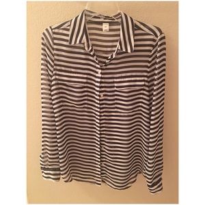 Stripped Button Down Sheer Blouse